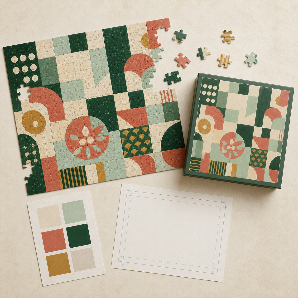 Illustrative concept showing original abstract puzzle artwork beside a separate custom rigid-box layout