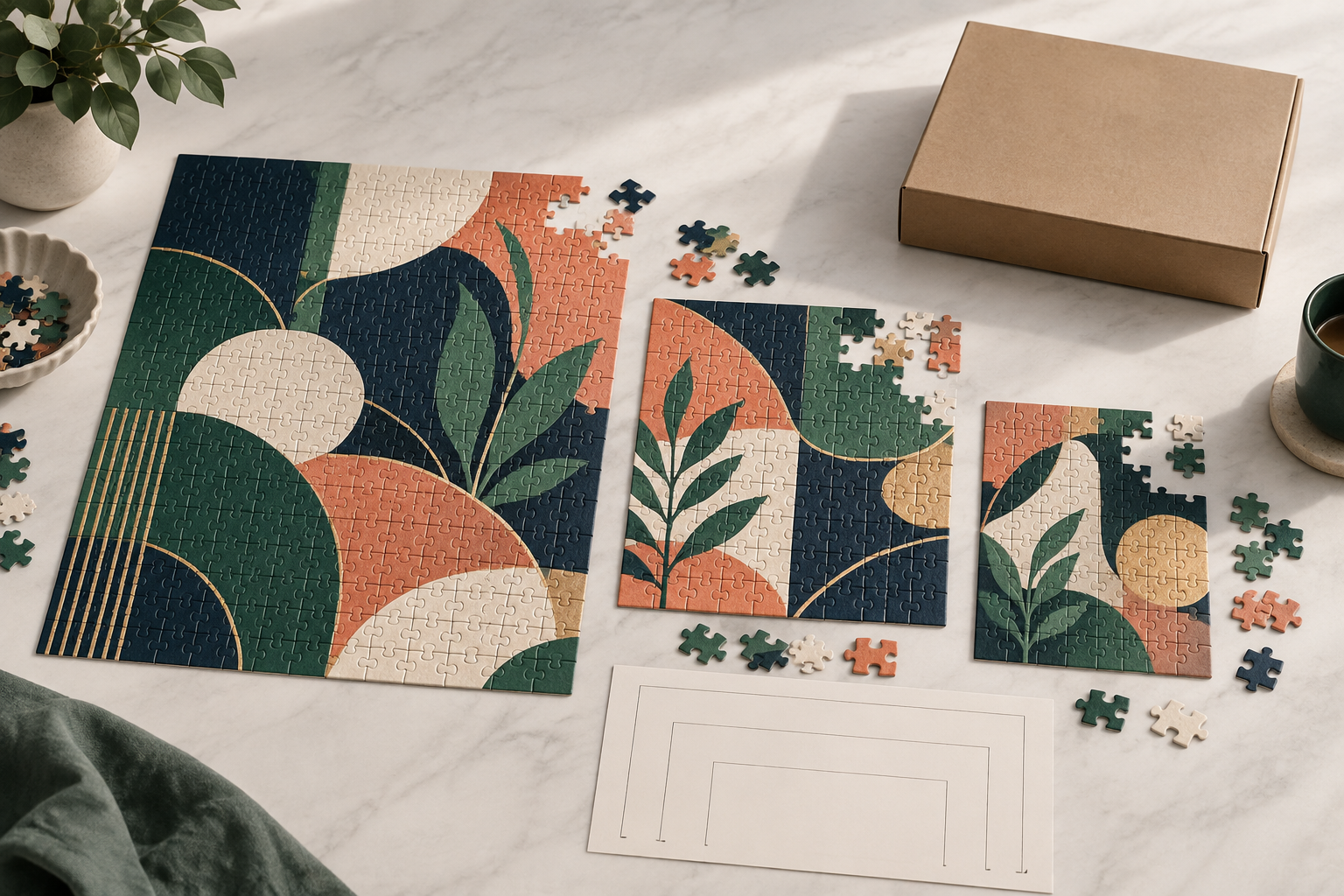 Custom Mahjong-themed puzzle samples compared by finished size and piece count on a studio table.